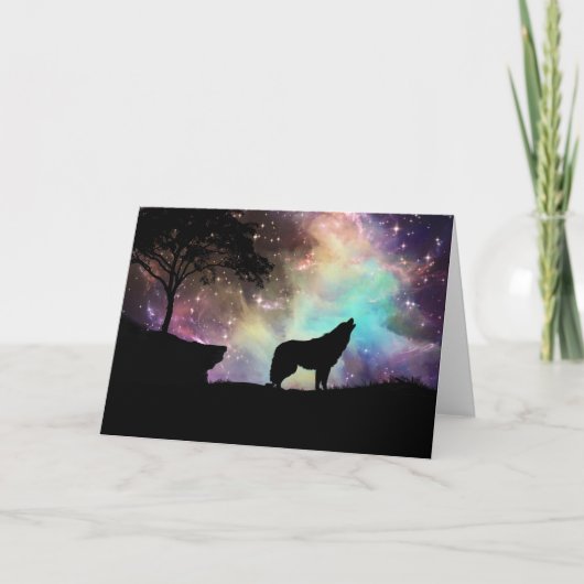 Wolf Howling Silhouette mit Nordlichter Karte (Vorderseite)