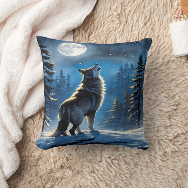 Wolf Howling unter Vollmond im Schneewald Kissen (Decke)
