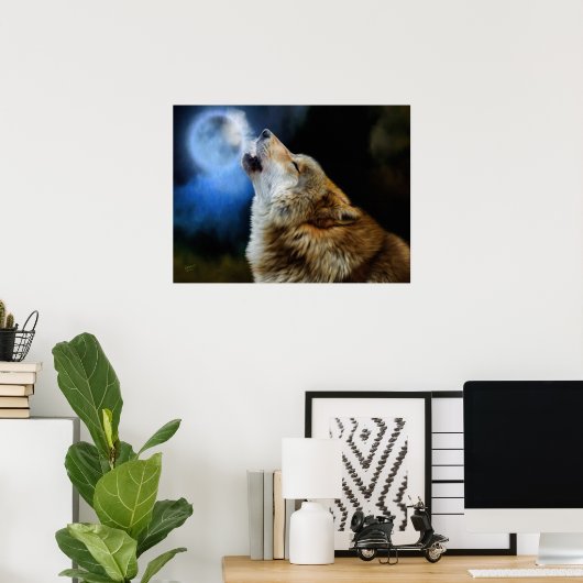 Wolf Howling unter Vollmond Poster (Heimbüro)