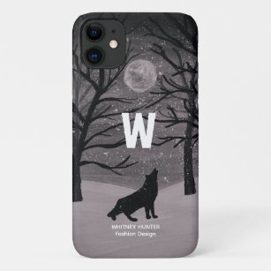 Wolf Howls auf dem Mond im Wald   Custom Monogram  Case-Mate iPhone Hülle