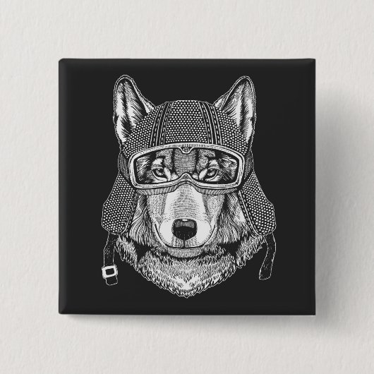Wolf Hund Motorradfahrer Button (Vorderseite)