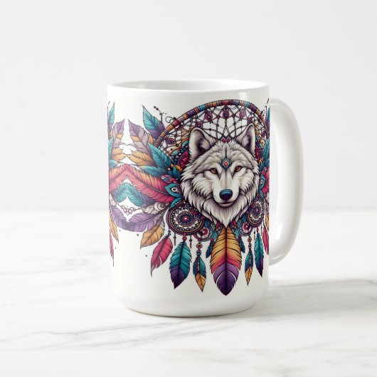 Wolf Illustration mit Dreamcatcher Bohemisch Style Kaffeetasse (VorderseiteRechts)