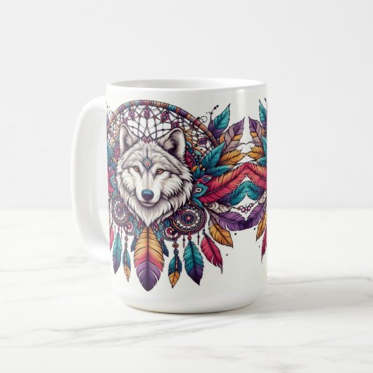 Wolf Illustration mit Dreamcatcher Bohemisch Style Kaffeetasse (Vorderseite Links)