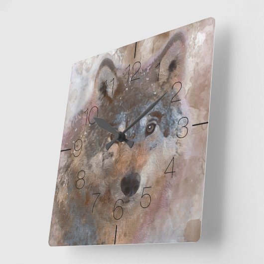 Wolf im Aquarell Quadratische Wanduhr (Winkel)
