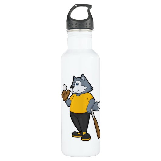 Wolf im Baseball mit Baseballschläger Edelstahlflasche (Vorderseite)