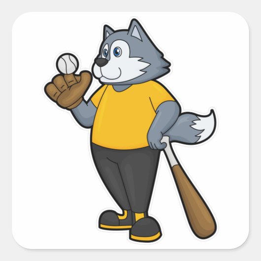 Wolf im Baseball mit Baseballschläger Quadratischer Aufkleber (Vorderseite)