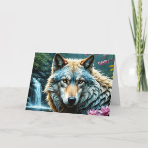 Wolf im Fluss Stehend mit Blume Dankeskarte