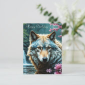 Wolf im Fluss Stehend mit Blume Geburtstag Postkarte (Stehend Vorderseite)