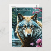 Wolf im Fluss Stehend mit Blume Geburtstag Postkarte (Vorne/Hinten)
