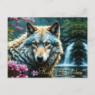 Wolf im Fluss Stehend mit Blume Geburtstag Postkarte