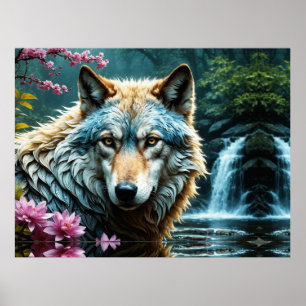 Wolf im Fluss Stehend mit Blume Poster
