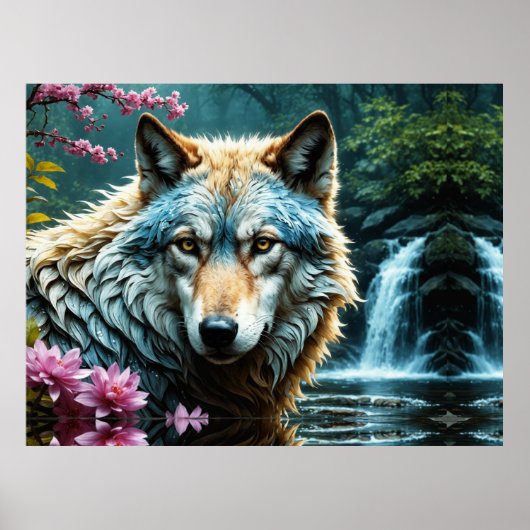Wolf im Fluss Stehend mit Blume Poster (Vorne)