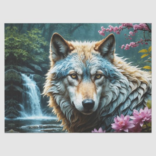 Wolf im Fluss Stehend mit Blume Seidenpapier (Vorderseite)