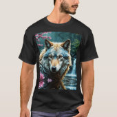 Wolf im Fluss Stehend mit Blume T-Shirt (Vorderseite)