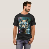 Wolf im Fluss Stehend mit Blume T-Shirt (Vorne ganz)