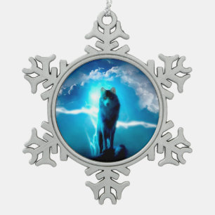 Wolf im Gewitter Schneeflocken Zinn-Ornament
