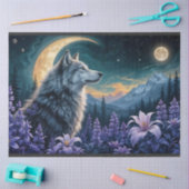 Wolf im Mondlicht - Reflexion violetter Blumen Seidenpapier (Basteln)