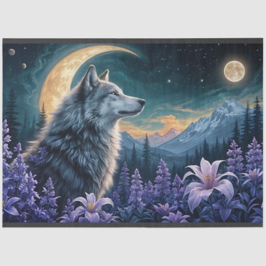 Wolf im Mondlicht - Reflexion violetter Blumen Seidenpapier (Vorderseite)