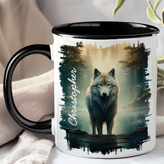 Wolf im nebligen Wald  Tasse