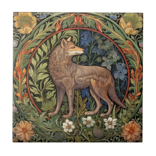 Wolf im Wald Art Nouveau Fliese (Vorderseite)