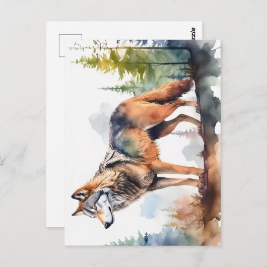 Wolf im Wald mit Aquarelle Postkarte (Vorne/Hinten)