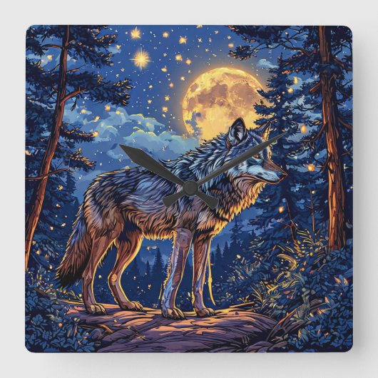 Wolf im Wald Quadratische Wanduhr (Vorderseite)
