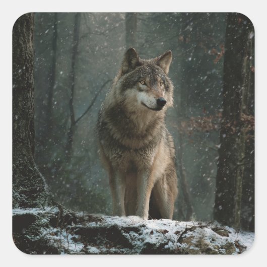 Wolf im Winter Quadratischer Aufkleber (Vorderseite)