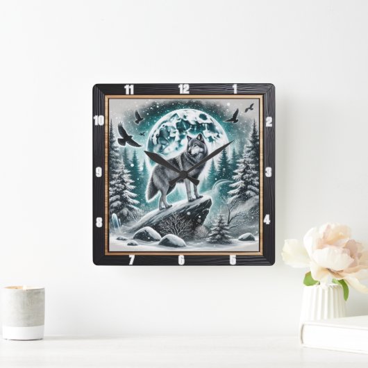 Wolf im Winterwald unter dem Moonlit Sky Quadratische Wanduhr (Zuhause)