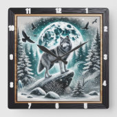 Wolf im Winterwald unter dem Moonlit Sky Quadratische Wanduhr (Vorderseite)
