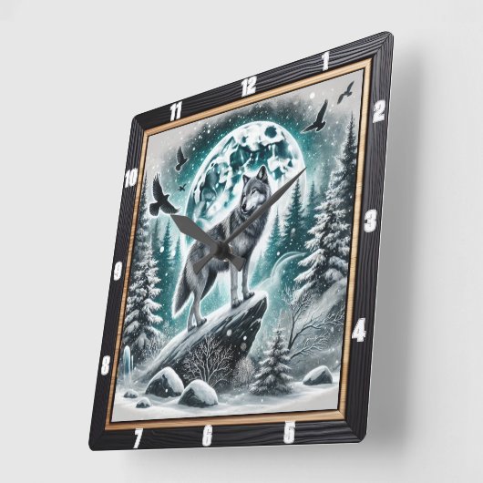 Wolf im Winterwald unter dem Moonlit Sky Quadratische Wanduhr (Winkel)