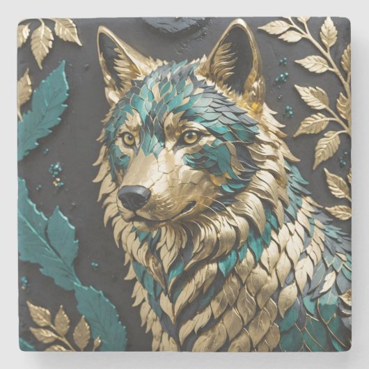Wolf in Aquamarinen und Gold-Blätter Steinuntersetzer (Vorderseite)