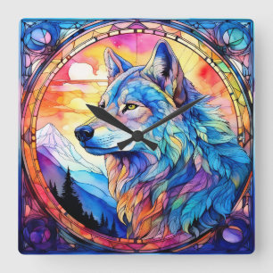 Wolf in Bleiglas Quadratische Wanduhr