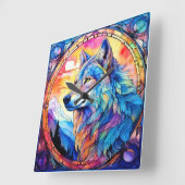 Wolf in Bleiglas Quadratische Wanduhr (Winkel)