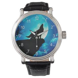 Wolf in der Silhouette heult auf Vollmond Armbanduhr
