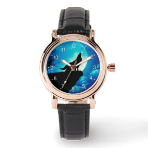 Wolf in der Silhouette heult auf Vollmond Armbanduhr