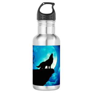 Wolf in der Silhouette heult auf Vollmond Edelstahlflasche