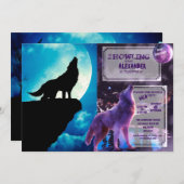 Wolf in der Silhouette heult auf Vollmond Einladung (Vorne/Hinten)