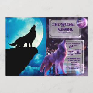 Wolf in der Silhouette heult auf Vollmond Einladung