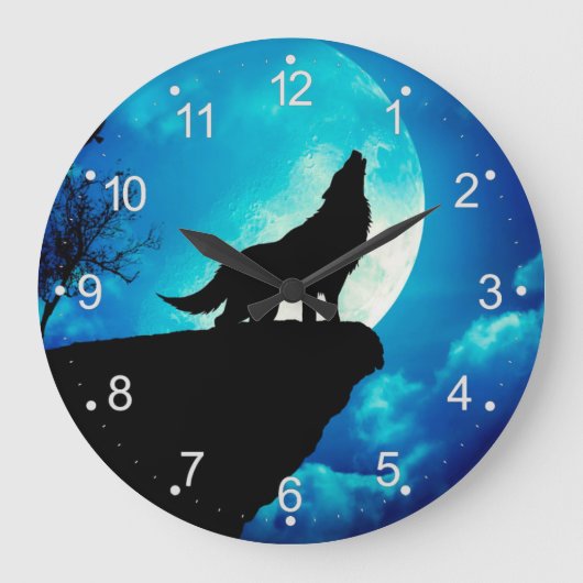 Wolf in der Silhouette heult auf Vollmond Große Wanduhr (Vorderseite)