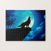 Wolf in der Silhouette heult auf Vollmond Puzzle (Horizontal)