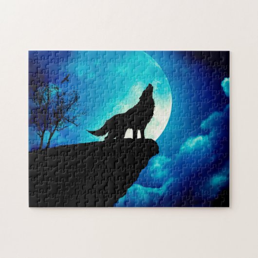 Wolf in der Silhouette heult auf Vollmond Puzzle (Horizontal)