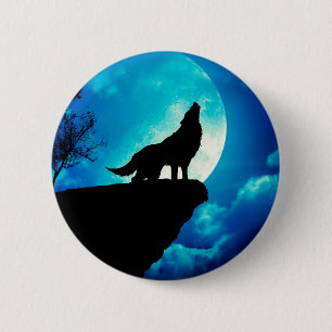 Wolf in der Silhouette heult zum Vollmond Button