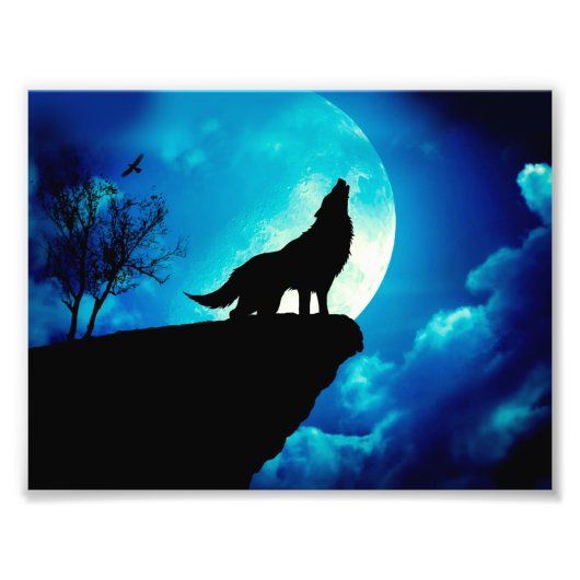 Wolf in der Silhouette heult zum Vollmond Fotodruck (Vorne)