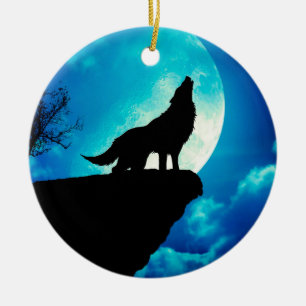 Wolf in der Silhouette heult zum Vollmond Keramik Ornament