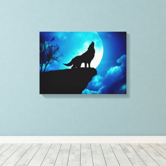 Wolf in der Silhouette heult zum Vollmond Leinwanddruck (Insitu (Holzboden))