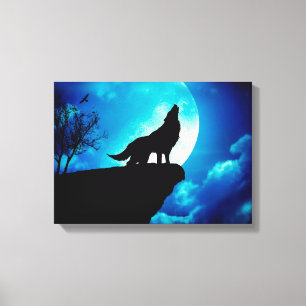 Wolf in der Silhouette heult zum Vollmond Leinwanddruck