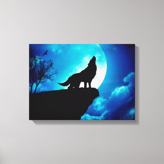Wolf in der Silhouette heult zum Vollmond Leinwanddruck (Vorderseite)
