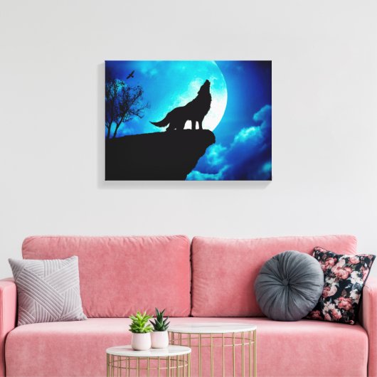 Wolf in der Silhouette heult zum Vollmond Leinwanddruck (Insitu (Wohnzimmer))
