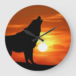Wolf in der Sunset-Uhr Große Wanduhr