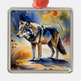 Wolf in einem Aquarellbild Ornament Aus Metall